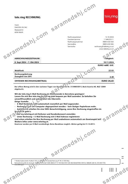 Sweden Tele Ring business utility bill template in Word and PDF formats